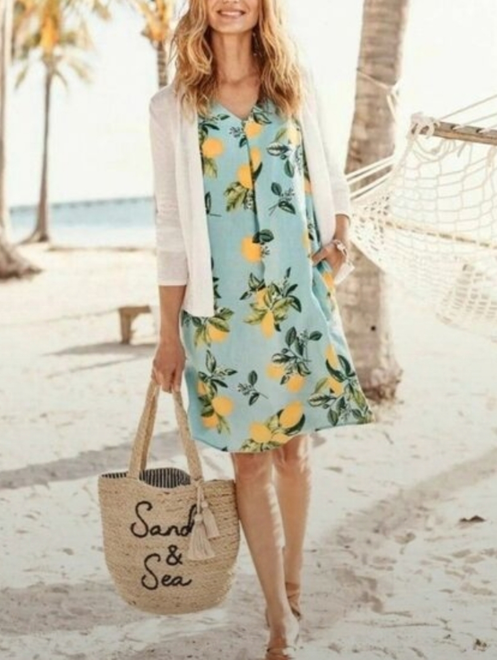 J. Jill Love Linen Lemon Tropical Print Tank Dress V-neck Resortwear Sz S